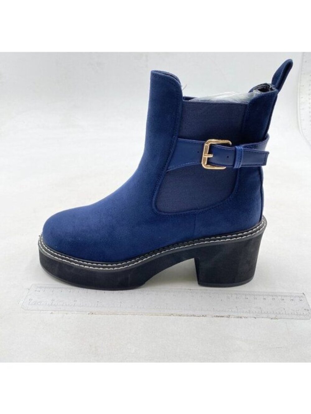 Women’s Mid Calf Boots Platform Chunky Heel Booties Buckle Zipper Blue Boots